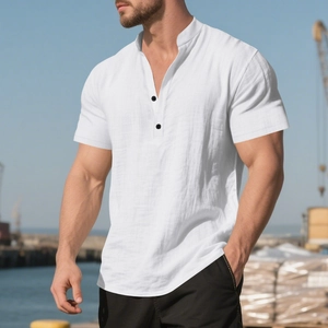 Detail of white linen blend Henley shirt texture and button-up collar on male model