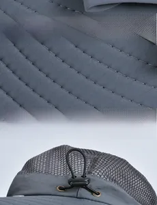 Détails de la maille respirante, des coutures et des boutons-pression du chapeau gris