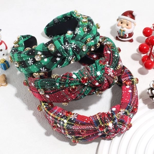 Christmas Headband Plaid Fabric Knotted Vintage Rhinestone Artificial Pearl Snowflake Pattern Holiday Party Hair Accessory Women