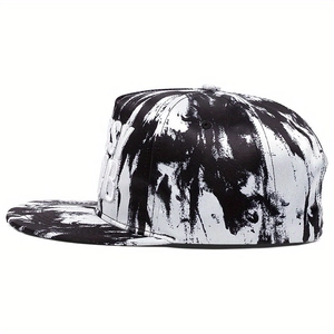 Flat brim hip hop hat featuring black and white ink splash pattern and 3D embroidery