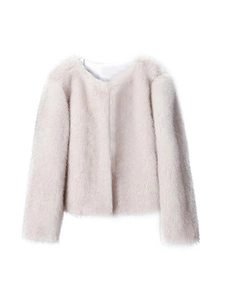 Close-up of fluffy faux fur jacket in soft pink featuring round neck and plush texture
