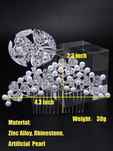 Detailed view of bridal hair comb dimensions with pearls and rhinestones on black background