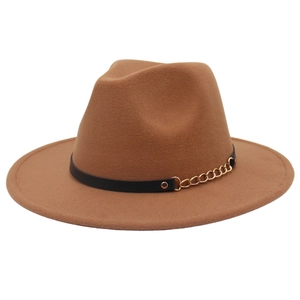 Brown wide brim wool fedora hat with black leather band and gold chain decoration