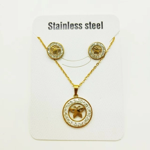 Gold stainless steel jewelry set with butterfly pendant necklace and matching stud earrings