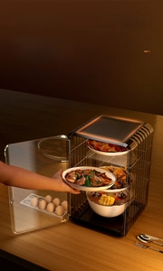 Three-layer clear plastic food cover with easy-access door for kitchen storage