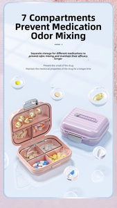 Detail view of 7-compartment pill box with labeled lids and moisture-proof seal