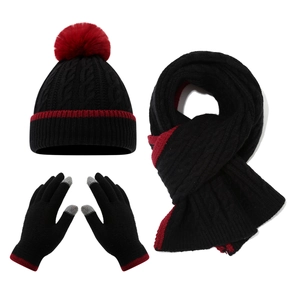 Winter Kinder Strickmütze Schal Handschuhe Set mit rotem Bommel und Streifenbesatz