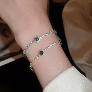 Bracelet Tennis Vintage Style Palais Zircon Vert Émeraude Cuivre Plaqué Argent Fleur Exquise Bijoux Halo Pour Femmes