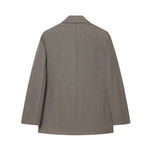 Back view of grey-brown checkered blazer with shoulder pads and formal tailored cut