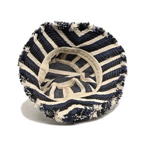 Vintage striped cotton bucket hat with frayed edges and weave texture in dark blue