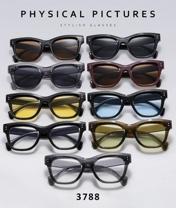 Grid layout showing nine color options of retro square sunglasses with rivet details