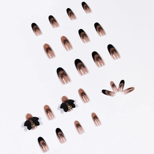 Baroque dark butterfly press-on nails with 3D black bows and French tips on white background