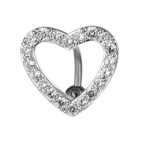 Silberner herzförmiger Bauchnabelpiercing mit funkelnden Zirkonia auf weißem Hintergrund