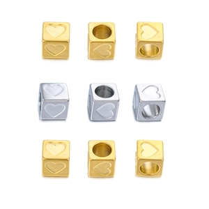 6mm stainless steel heart engraved cube beads in gold and silver for jewelry making