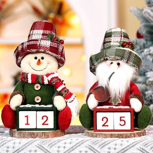 Weihnachts Adventskalender Weihnachtsmann Schneemann Plüschpuppe Mit Holzdatumsblöcken Kariertes Muster Tischdeko Ornament