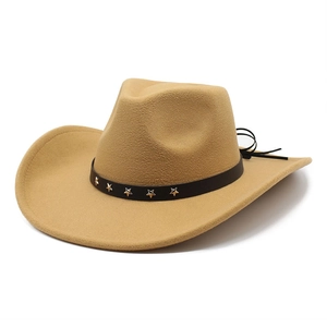 Classic camel wool felt jazz fedora with wide brim and silver star studded black band