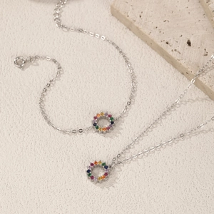 S925 sterling silver necklace and bracelet set with colorful rainbow gemstone pendants
