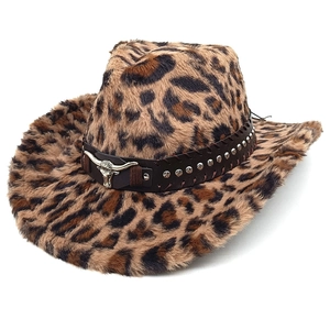 Close-up of leopard print faux fur western hat with studded leather band and bull head