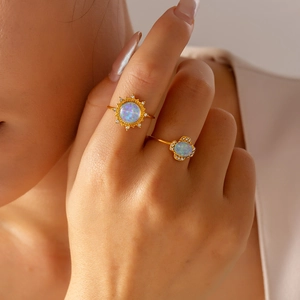Elegant 18K gold plated adjustable rings set with opal stones and sparkling rhinestones