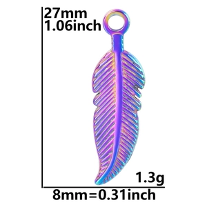 Rainbow feather pendant in stainless steel with detailed dimensions 27mm x 8mm