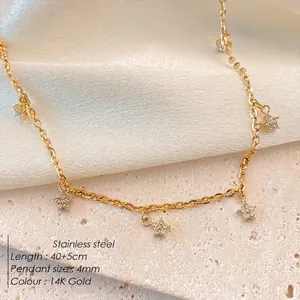 Gold 14K stainless steel necklace with five sparkling zircon star pendants 40+5cm