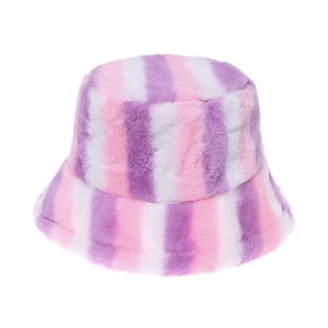 Women's fluffy bucket hat with colorful pink purple white vertical stripes plush texture