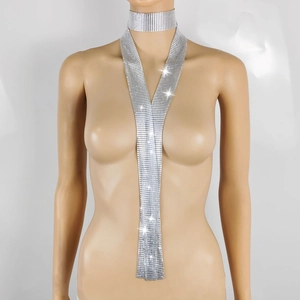 Detail of shimmering silver sequin necklace and sparkling rhinestone choker set for women