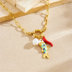 Gold chain necklace with pearl, colorful enamel fish and red pepper lucky charms