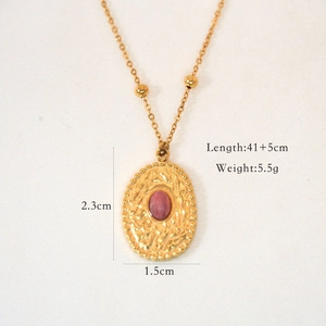 Detail of 14k gold plated stainless steel necklace with red stone pendant and dimensions