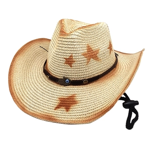 Western straw cowboy hat with star print and Hamsa hand metal charm on woven band