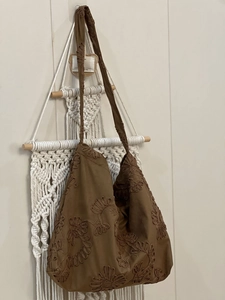 Brown faux suede hobo bag with vintage floral embroidery and large capacity