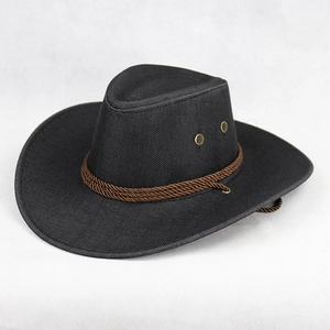 Chapeau de cowboy western classique en lin noir avec bande tressée brune et large bord