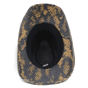 Detail of western straw cowboy hat with bold yellow and black snakeskin print and wide brim