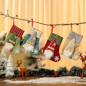 Rustic Christmas Stocking Burlap Linen Plaid Faceless Gnome Decoration Snowflake Festive Hanging Candy Gift Bag