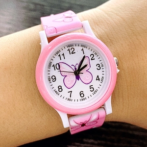 Pink cartoon butterfly pattern silicone strap quartz watch for girls with white dial