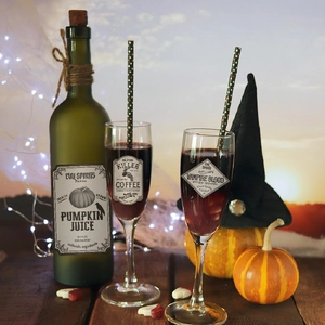 Halloween bottle labels set with pumpkin juice and vampire blood stickers for party decor
