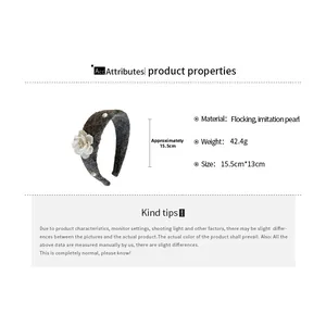 Detailed size and material specifications for the gray flocked pearl flower headband