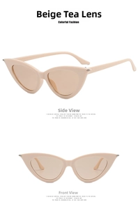 Detail view of retro cat-eye sunglasses with beige frame and brown lenses shown in two angles