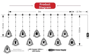 Technical diagram showing 3m Christmas LED curtain lights with USB plug and dimensions