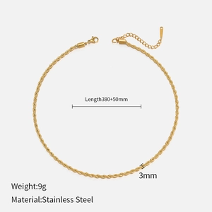 Golden 3mm twisted rope chain necklace made of stainless steel with size and weight specs