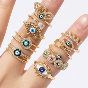 Hypoallergenic gold evil eye ring set with colorful zircon stones and enamel details