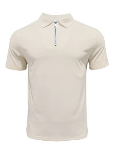 Detail of cream zipper polo shirt featuring knitted texture and metal zipper closure