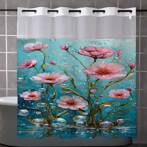 Detail showing pink floral print shower curtain with reinforced metal ring eyelets