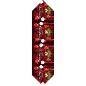 Dark red Christmas table runner with festive bells, pine branches and Merry Christmas text