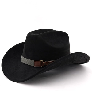 Detailed view of the black suede cowboy hat with a gray band and brown faux leather buckle