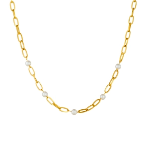 Collier en acier inoxydable doré avec chaîne croisée et perles blanches élégantes