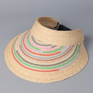 Foldable raffia sun visor hat for women with colorful striped brim and adjustable strap
