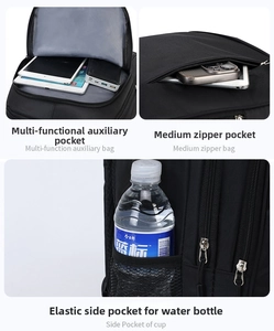 Detail view of multi-compartment business backpack with laptop sleeve and water bottle pocket