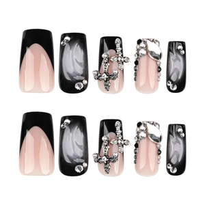 Gothic black and pink press-on nails with 3D silver crosses, pearls and rhinestones