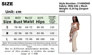Size chart for the mesh patchwork V-neck long dress with detailed body measurements
